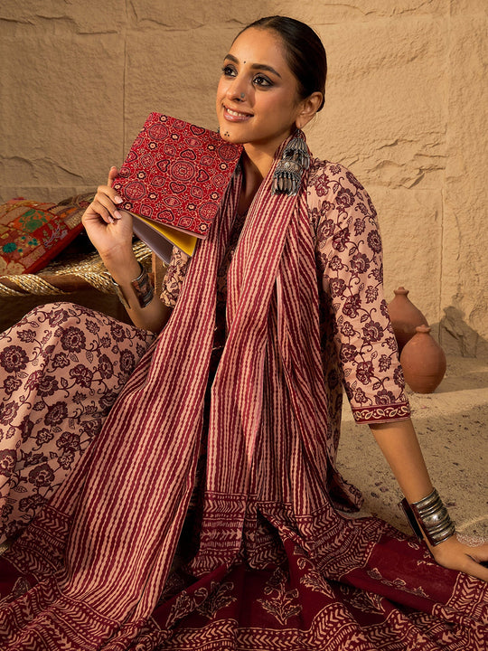 Maroon Printed Pure Cotton Straight Kurta Sets With Dupatta