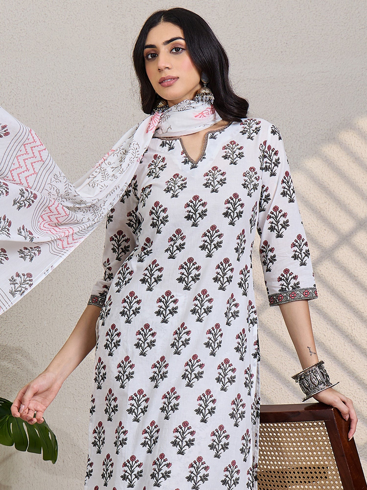 White Printed Pure Cotton Straight Round Neck Kurta Sets With Dupatta