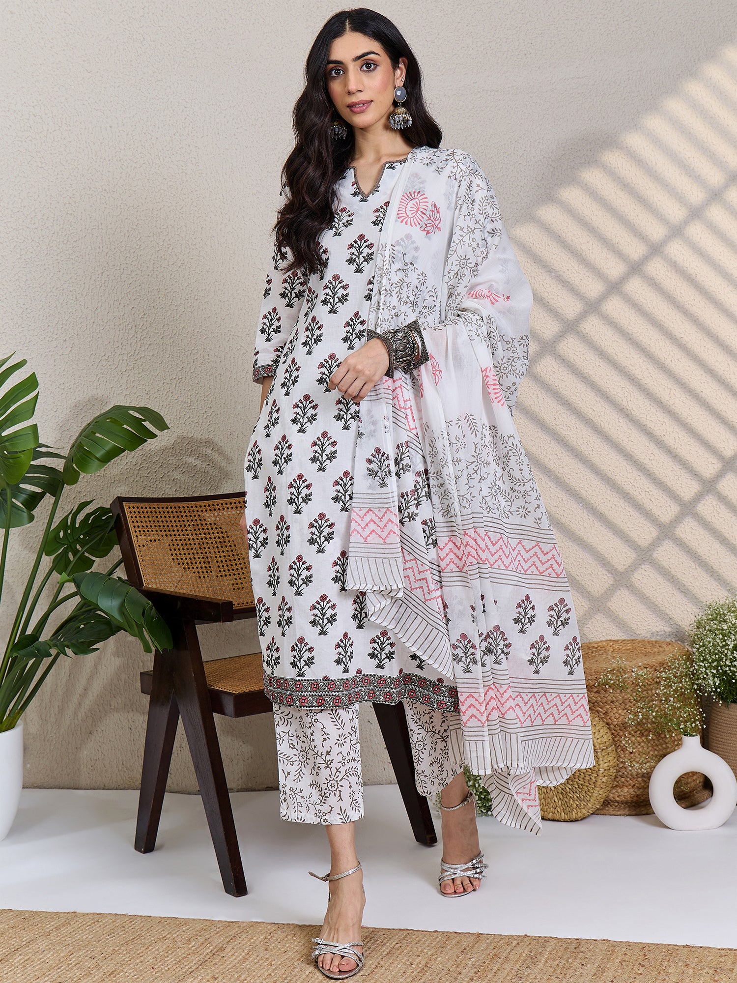 White Printed Pure Cotton Straight Round Neck Kurta Sets With Dupatta
