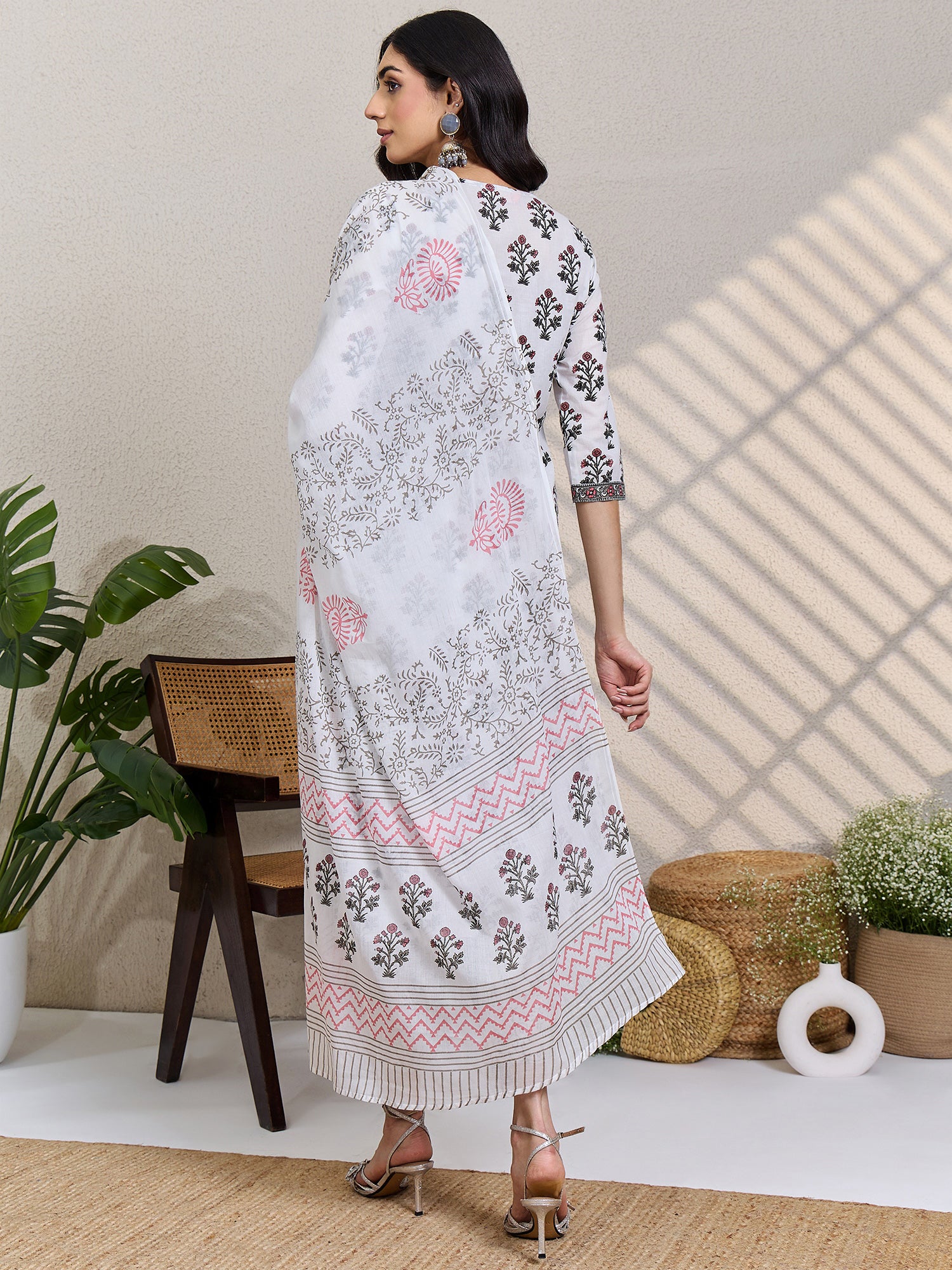 White Printed Pure Cotton Straight Round Neck Kurta Sets With Dupatta