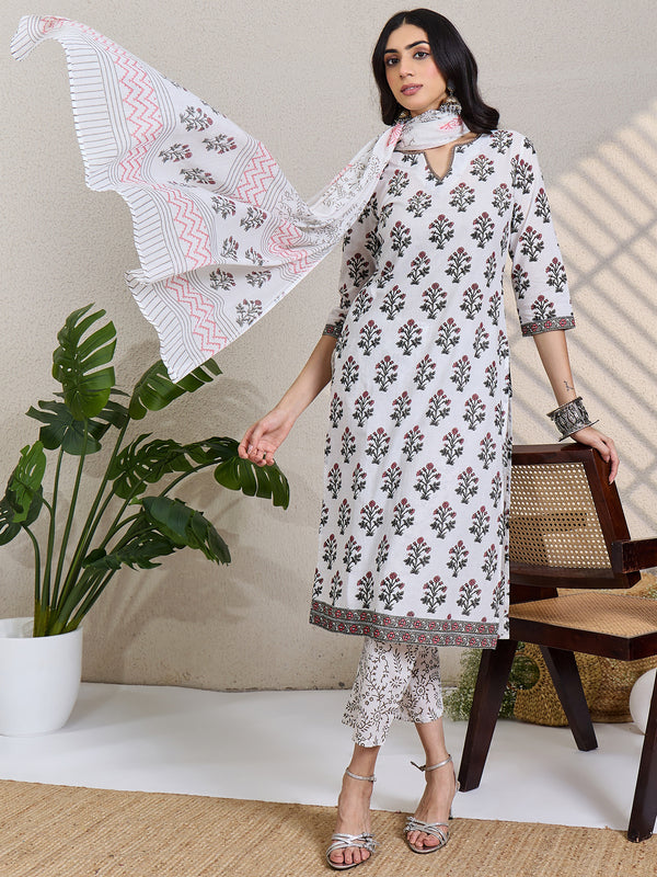 White Printed Pure Cotton Straight Round Neck Kurta Sets With Dupatta