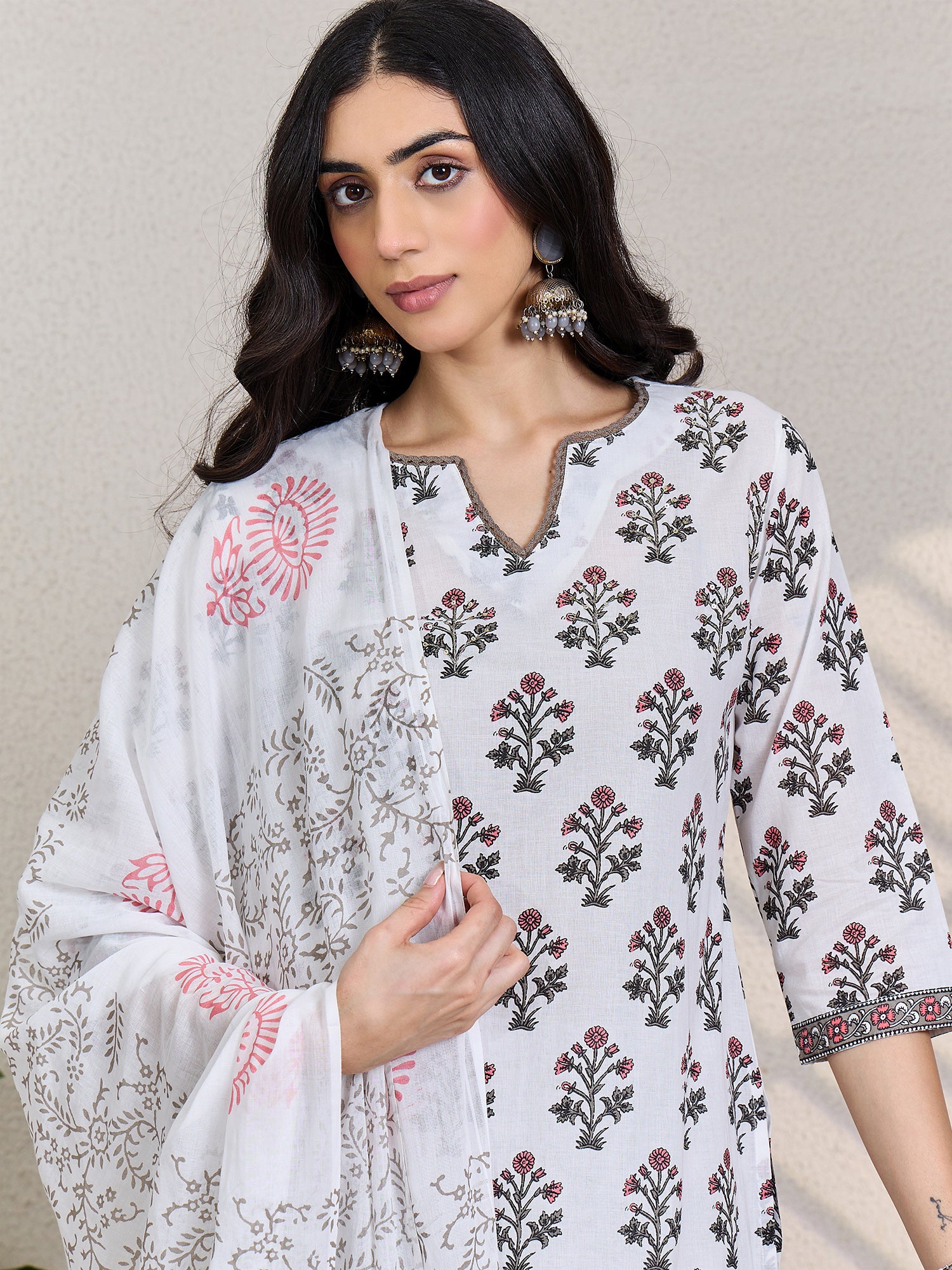 White Printed Pure Cotton Straight Round Neck Kurta Sets With Dupatta