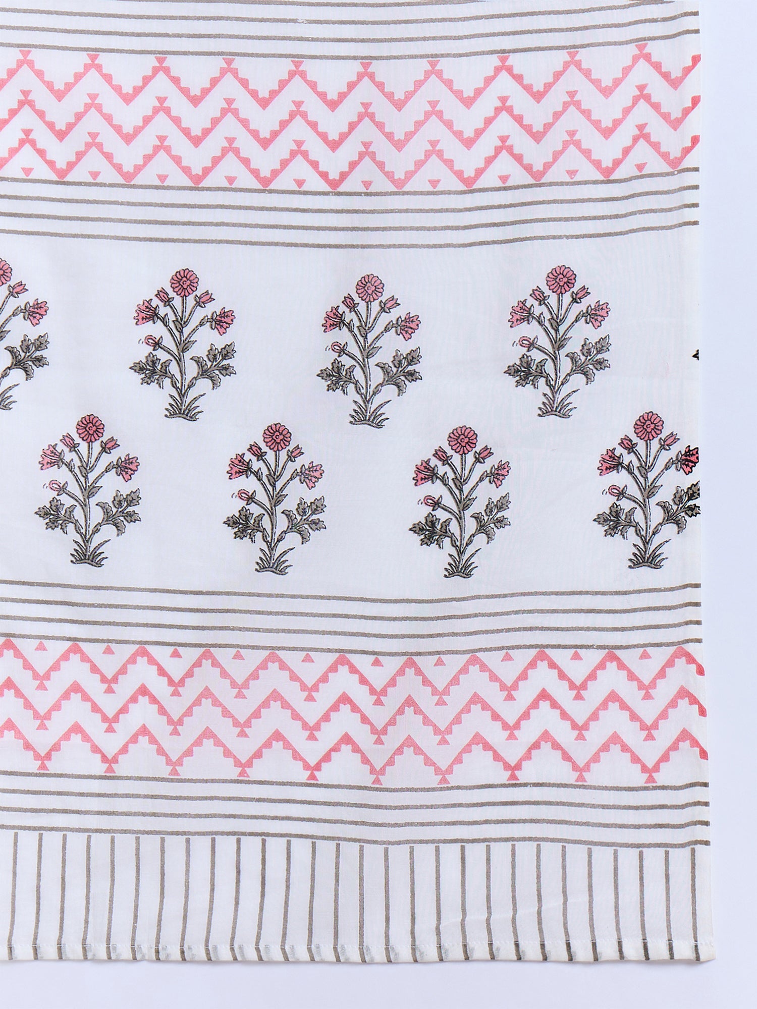 White Printed Pure Cotton Straight Round Neck Kurta Sets With Dupatta