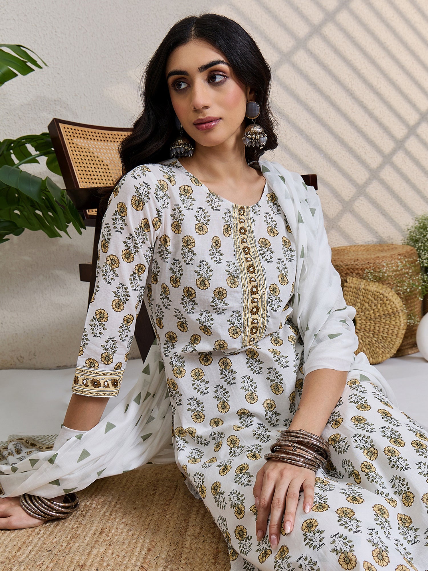White Printed Pure Cotton Straight Kurta Sets With Dupatta