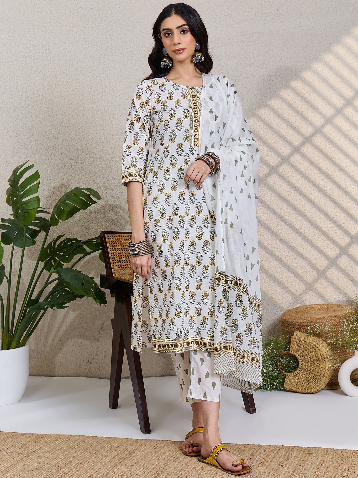 White Printed Pure Cotton Straight Kurta Sets With Dupatta