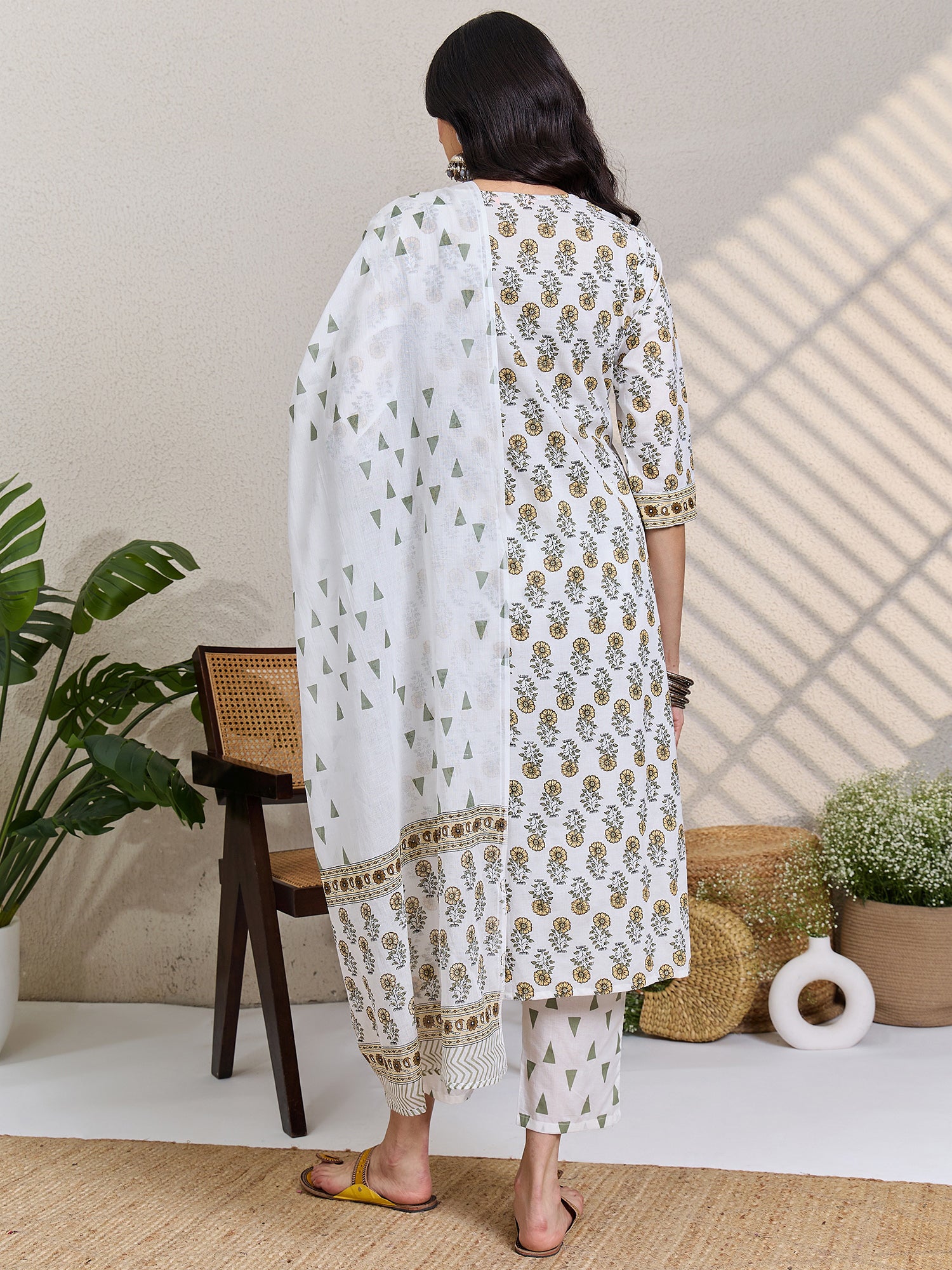 White Printed Pure Cotton Straight Kurta Sets With Dupatta