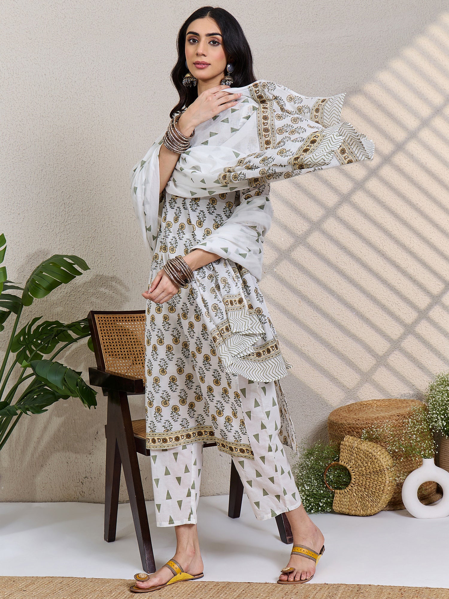 White Printed Pure Cotton Straight Kurta Sets With Dupatta