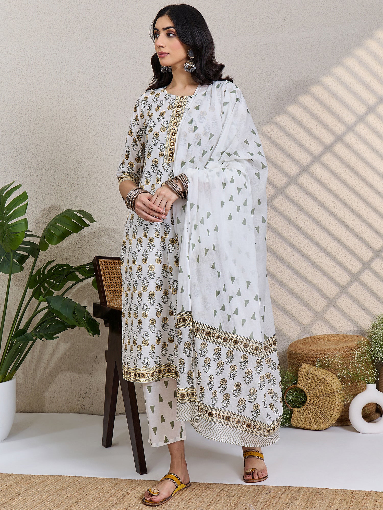 White Printed Pure Cotton Straight Kurta Sets With Dupatta
