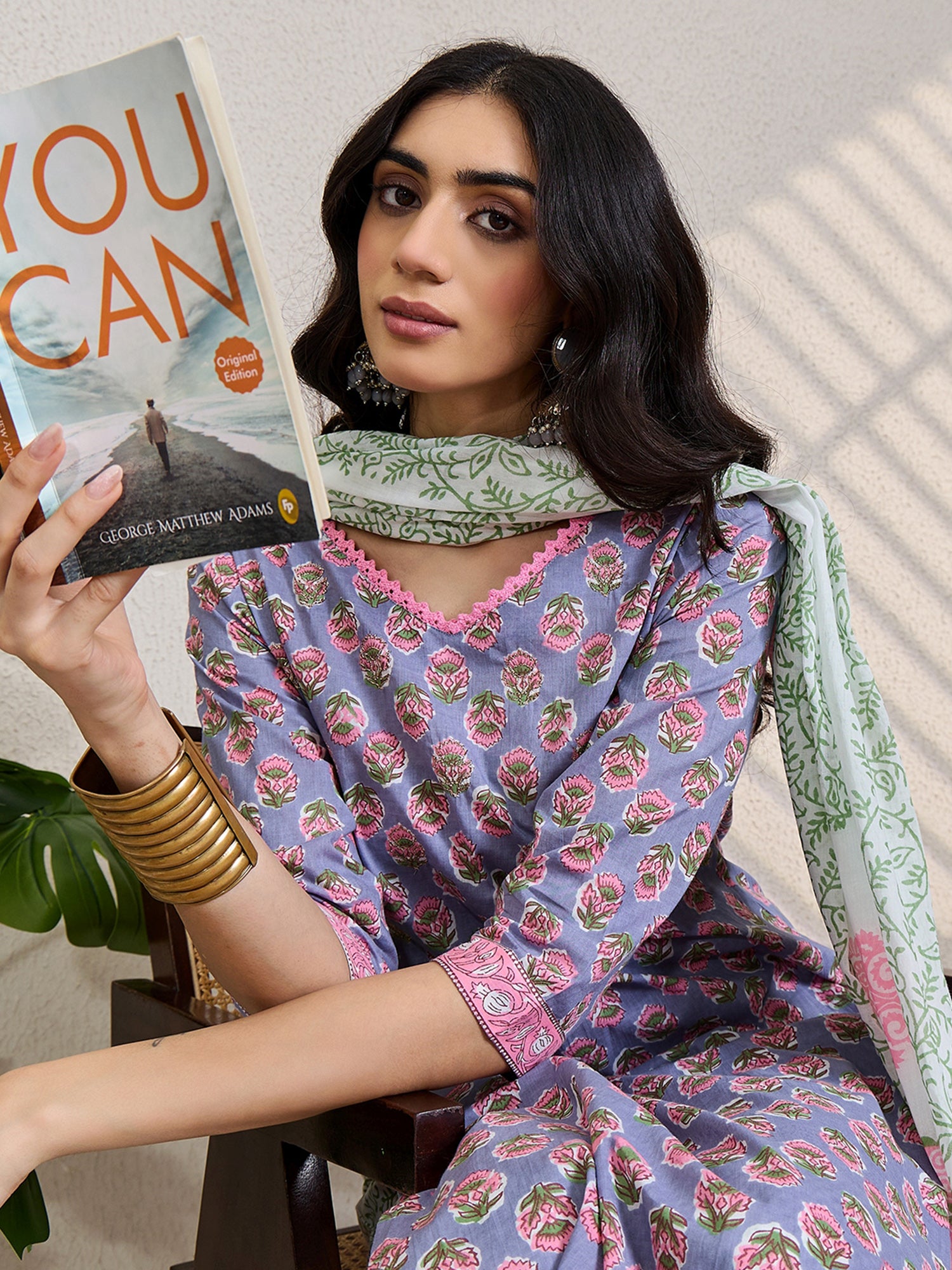 Grey Printed Pure Cotton Straight V-Neck Kurta Sets With Dupatta