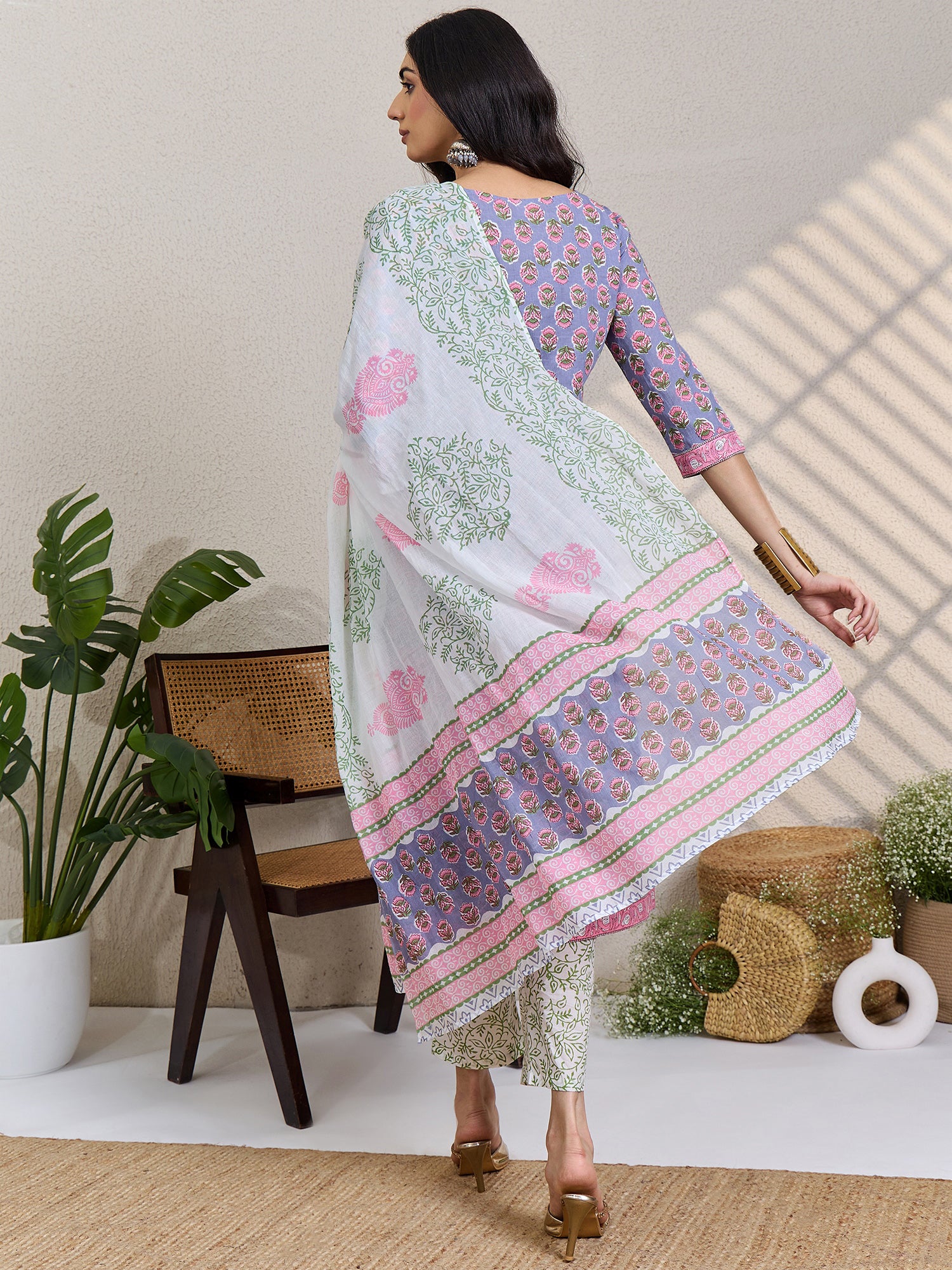Grey Printed Pure Cotton Straight V-Neck Kurta Sets With Dupatta