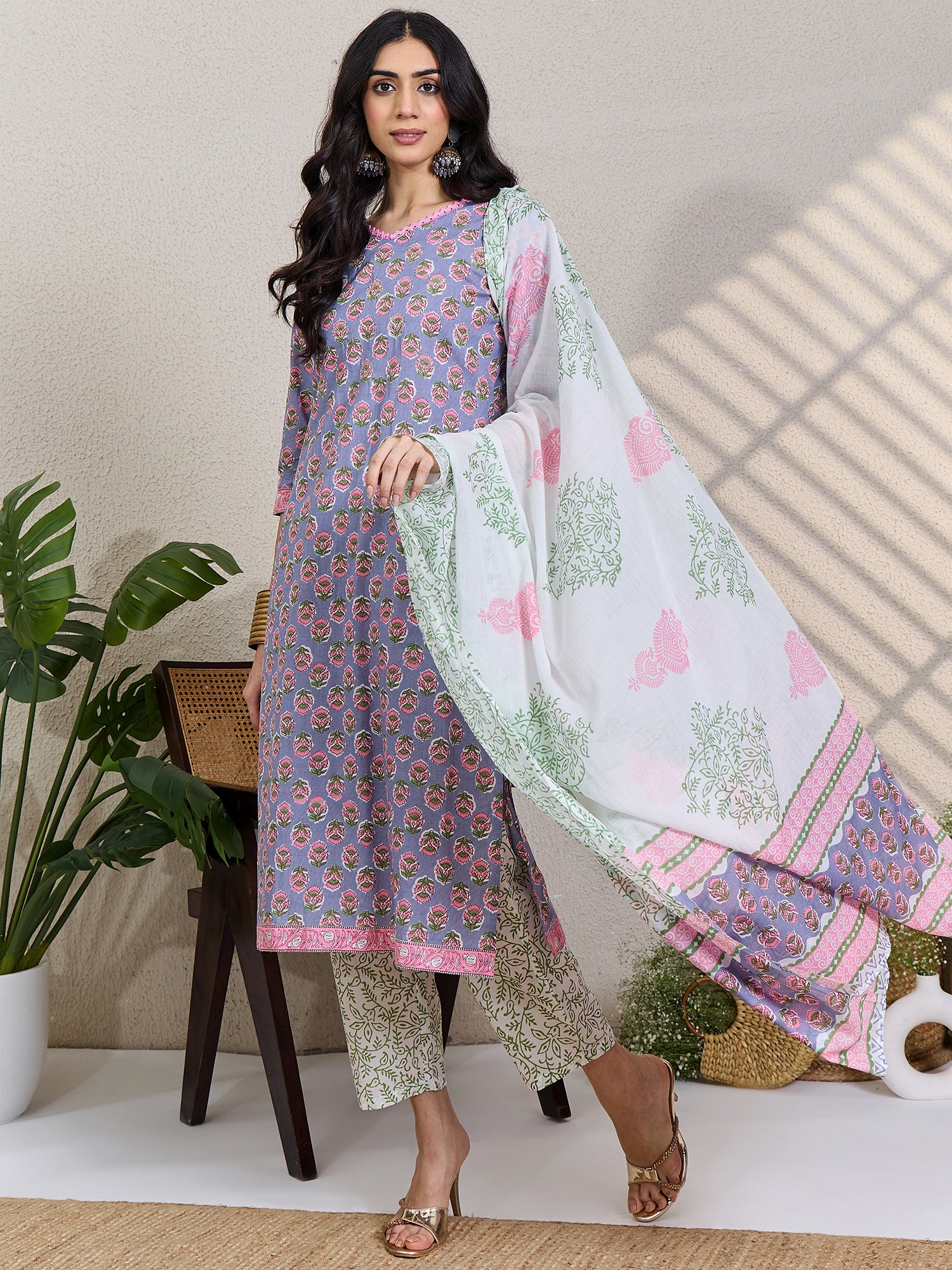 Grey Printed Pure Cotton Straight V-Neck Kurta Sets With Dupatta