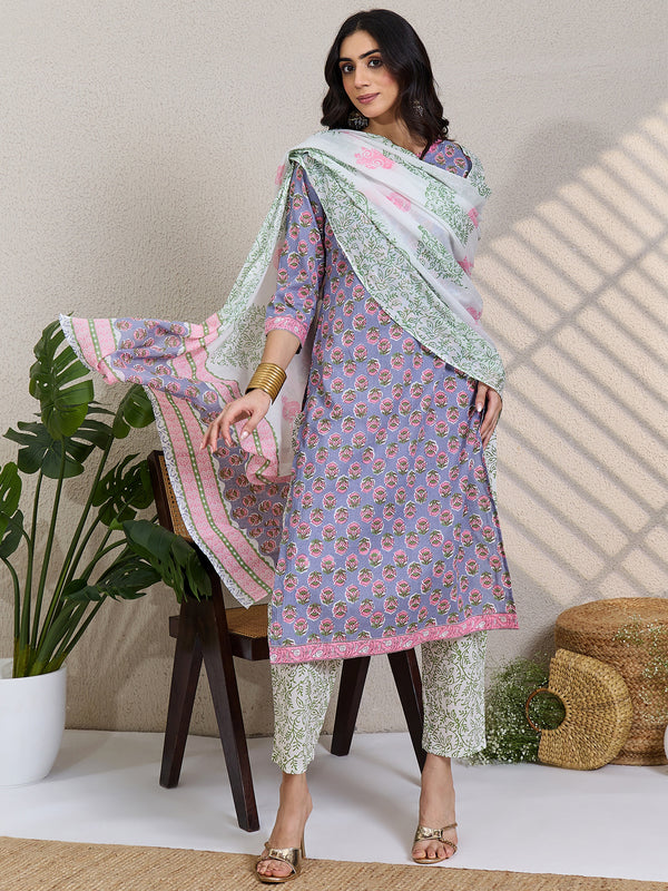 Grey Printed Pure Cotton Straight V-Neck Kurta Sets With Dupatta