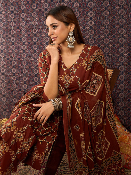 Maroon Printed Pure Cotton A-Line Kurta Sets With Dupatta