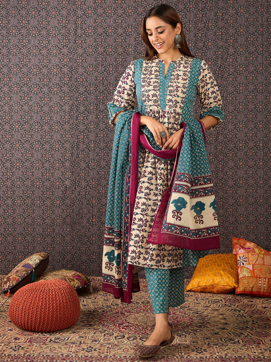 Multi Printed Pure Cotton A-Line Kurta Sets With Dupatta