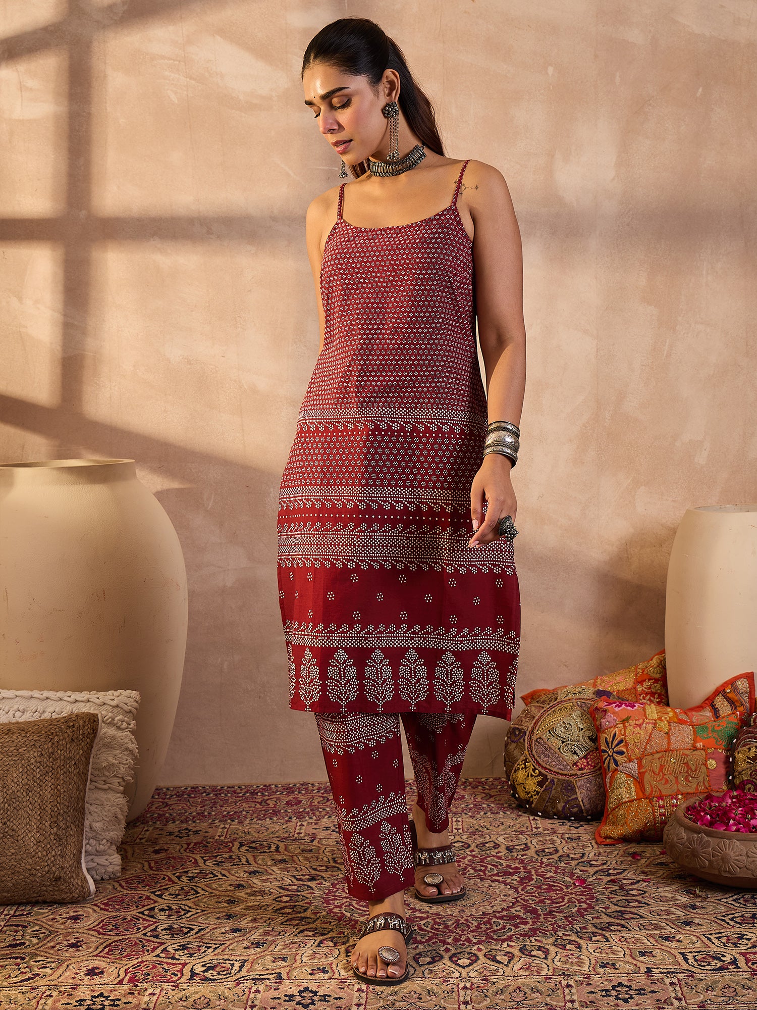 Maroon Printed Pure Cotton Straight Kurta Trouser Set