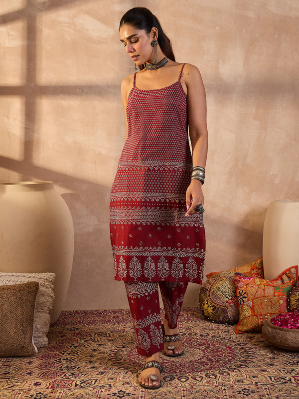 Maroon Printed Pure Cotton Straight Kurta Trouser Set