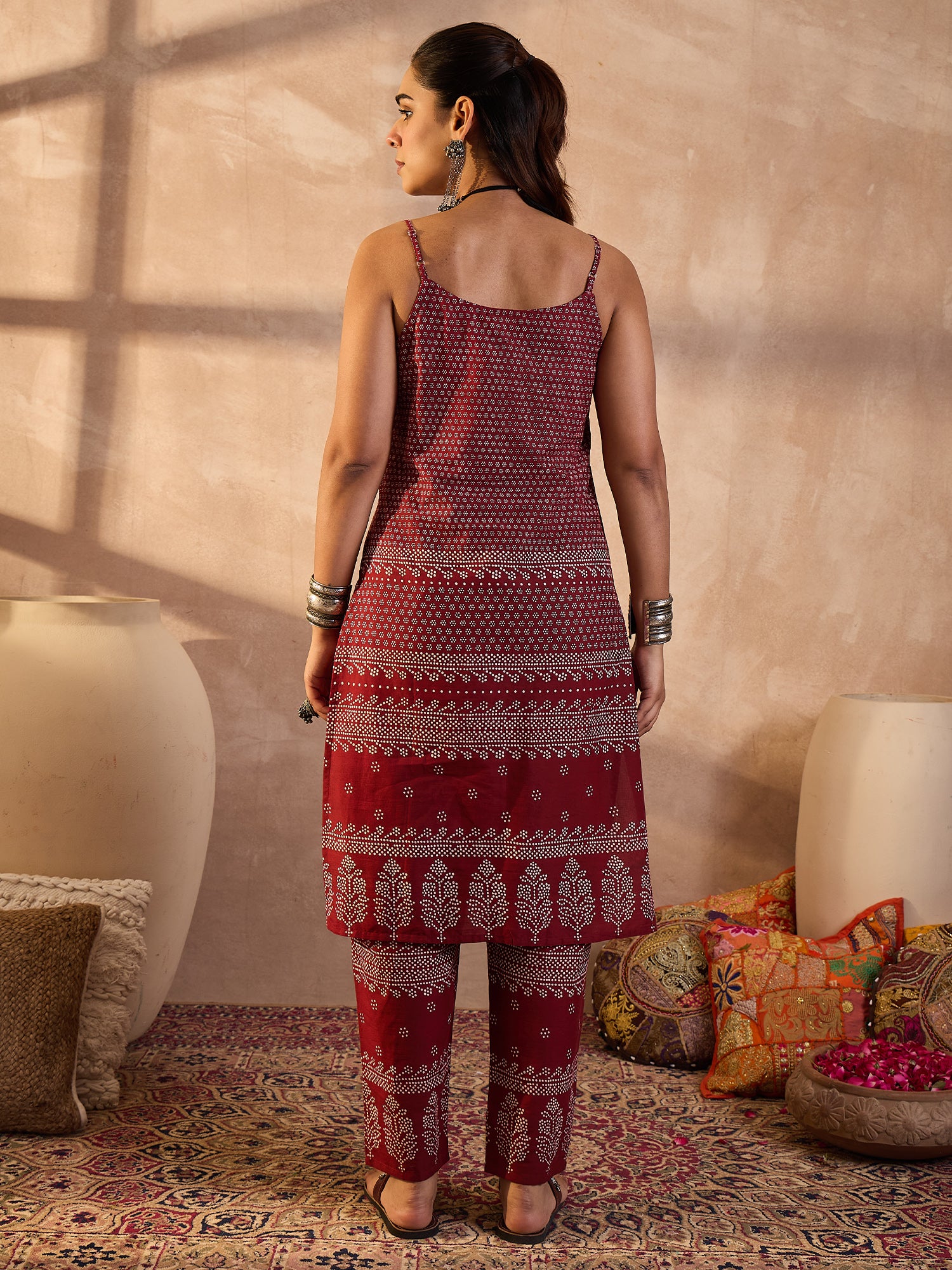 Maroon Printed Pure Cotton Straight Kurta Trouser Set