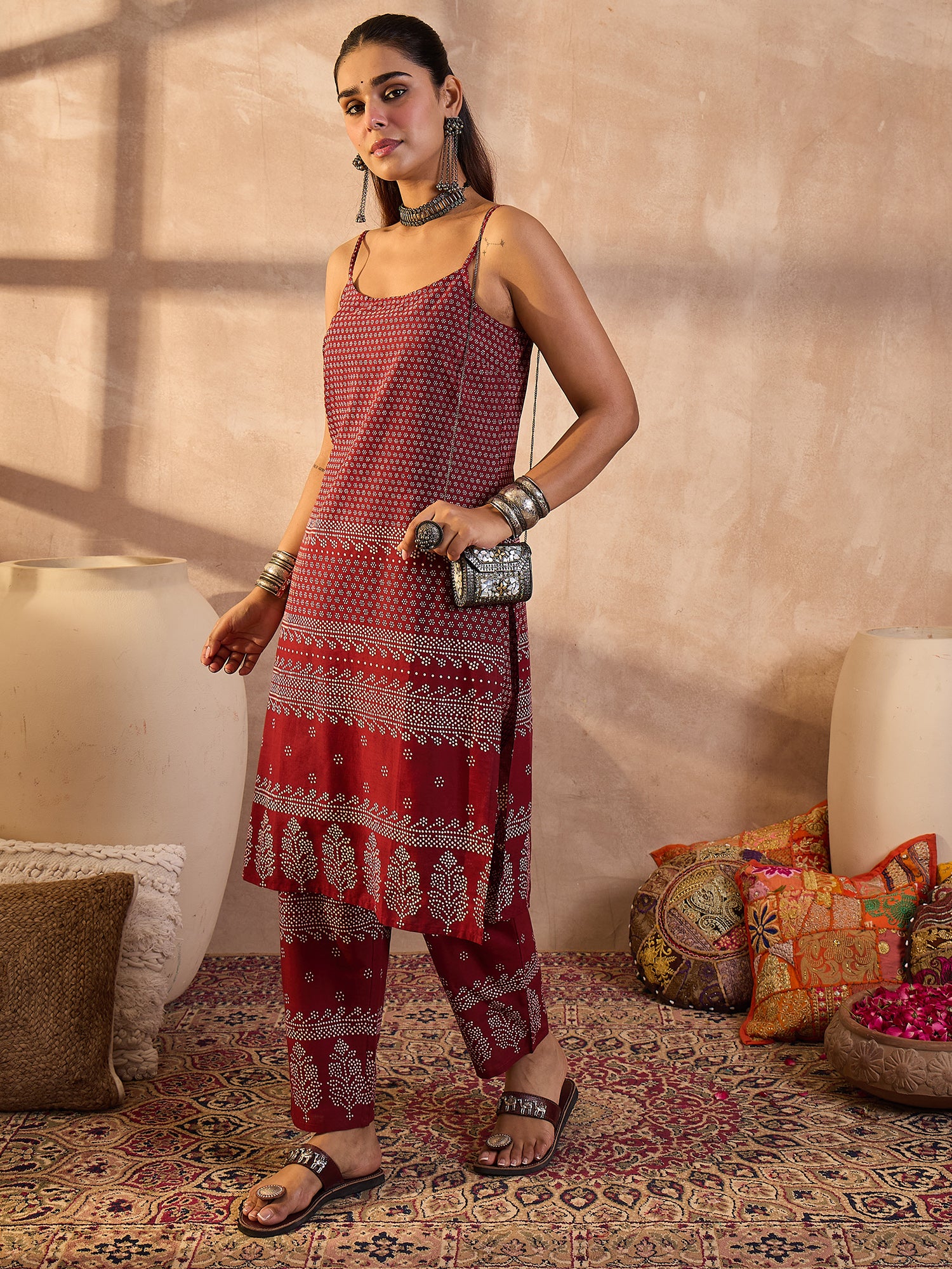 Maroon Printed Pure Cotton Straight Kurta Trouser Set