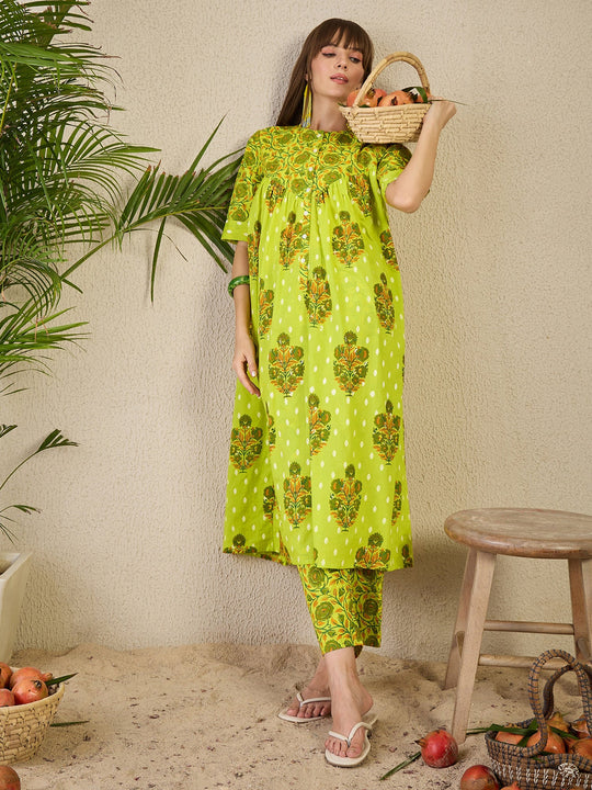 Yellow Printed Pure Cotton A-Line Kurta Trouser Set