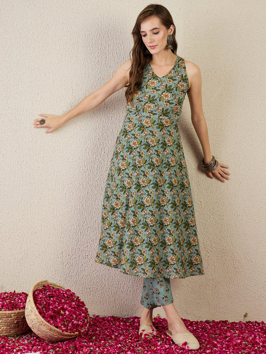 Sea Green Printed Pure Cotton Straight Kurta Sets