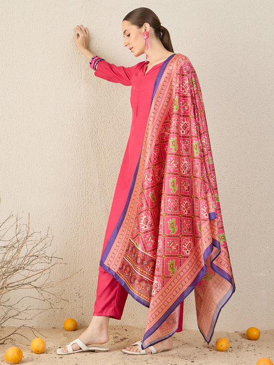 Pink Solid Cotton Blend A-Line Suit Sets With Dupatta