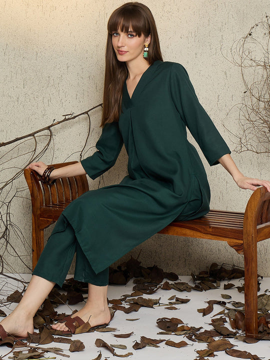 Green Solid Cotton Blend A-Line Kurta Trouser Set
