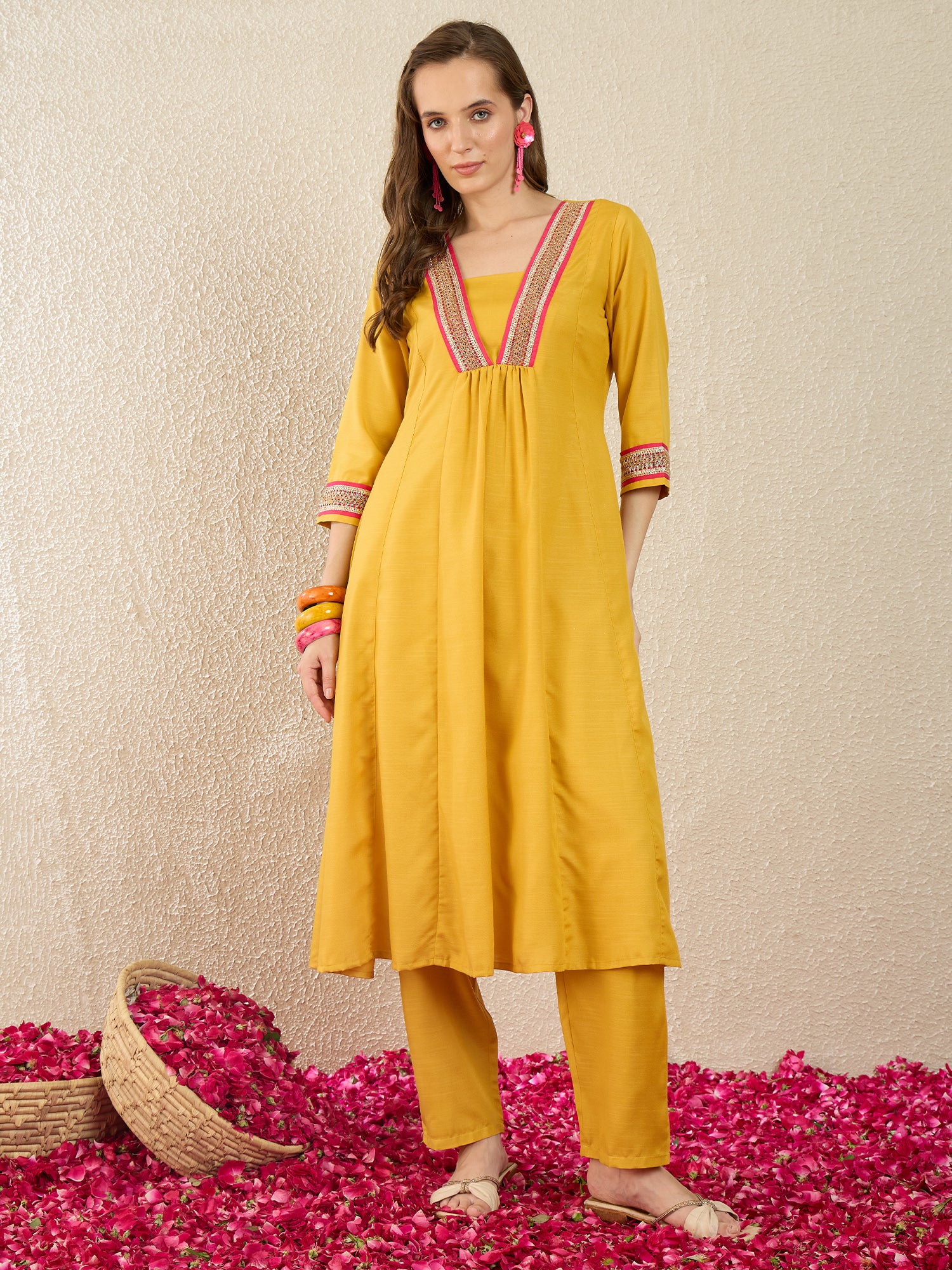 Yellow Self Design Cotton Blend A-Line Kurta Trousers Set