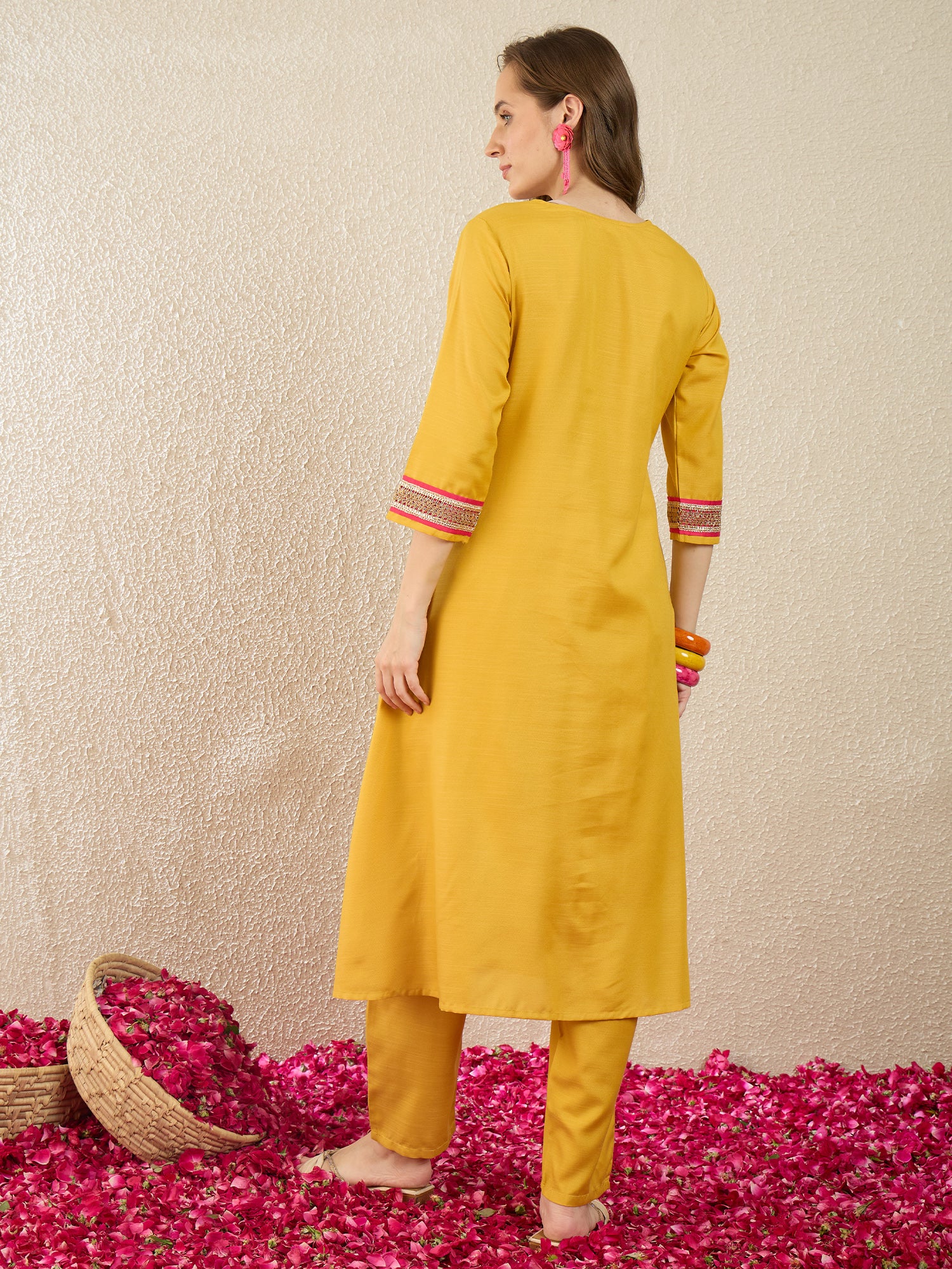 Yellow Self Design Cotton Blend A-Line Kurta Trousers Set