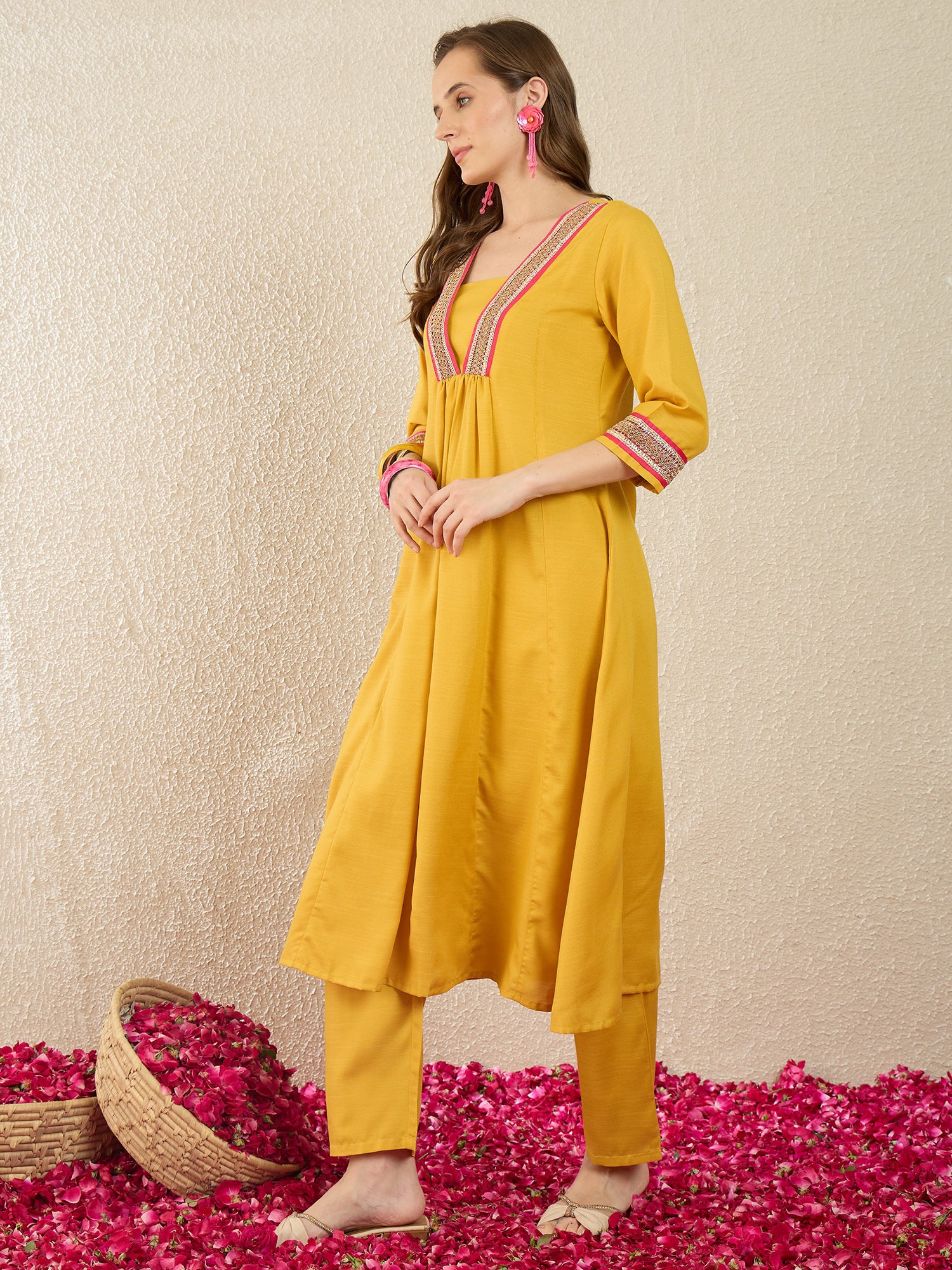 Yellow Self Design Cotton Blend A-Line Kurta Trousers Set