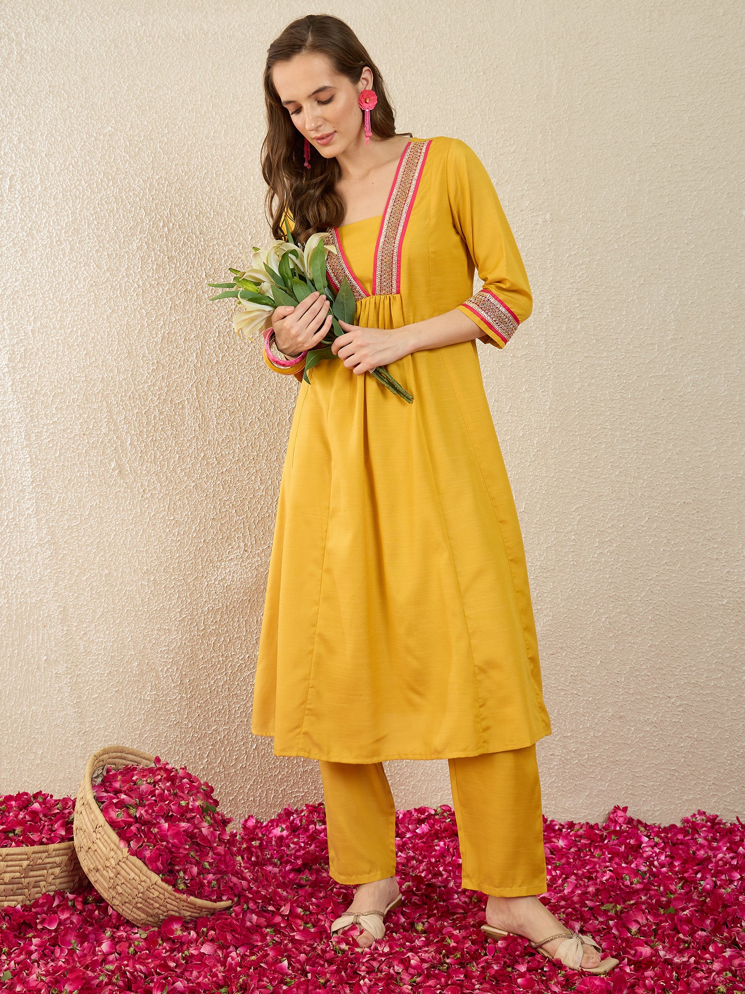 Yellow Self Design Cotton Blend A-Line Kurta Trousers Set