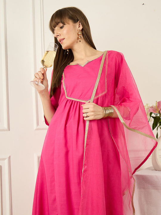 Indo Era Pink Self Design A-Line Kurta TrousersWith Dupatta set