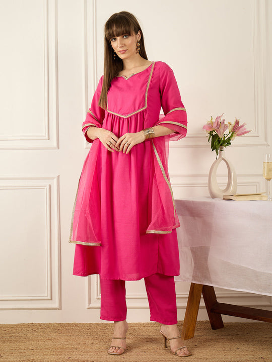 Indo Era Pink Self Design A-Line Kurta TrousersWith Dupatta set