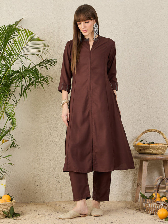 Brown Self Design Cotton Blend A-Line Kurta Trousers Set