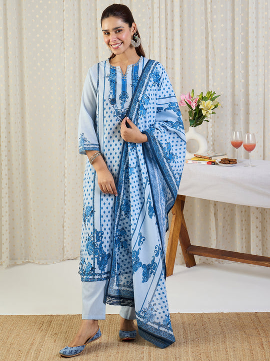 Indo Era Blue Printed Straight Kurta Trousers With Dupatta Set