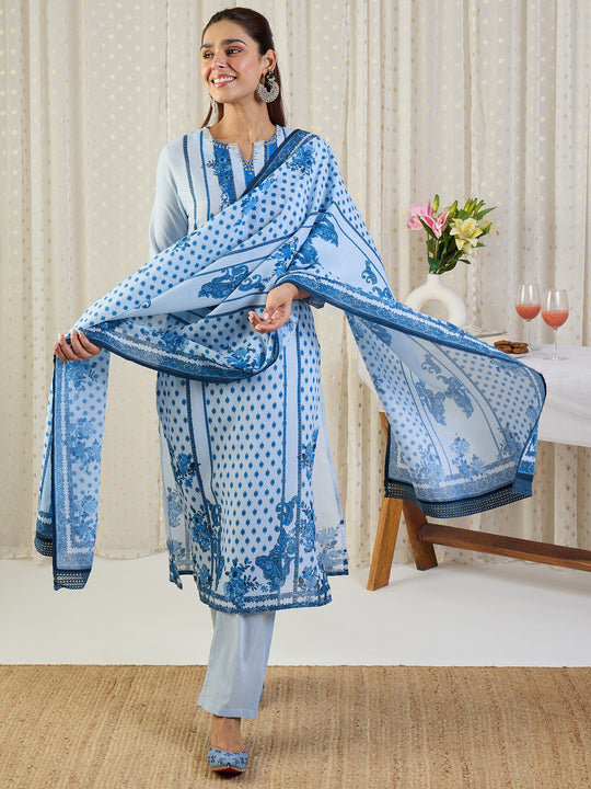 Indo Era Blue Printed Straight Kurta Trousers With Dupatta Set