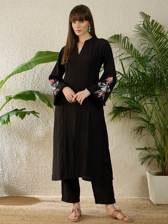 Indo Era Black Embroidered Straight Kurta Trousers Set