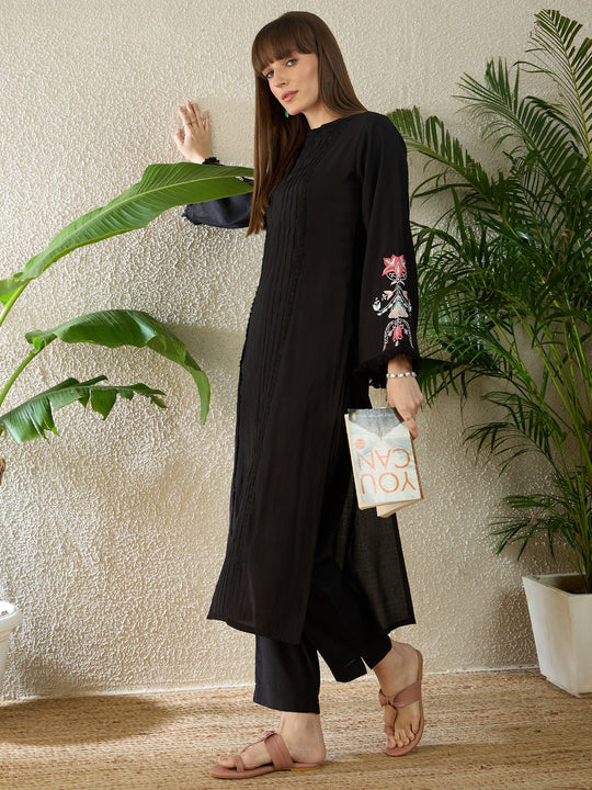 Indo Era Black Embroidered Straight Kurta Trousers Set