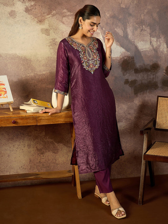 Burgundy Embroidered Straight Silk Blend Kurta Sets