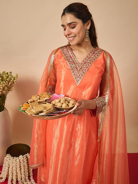 Indo Era Orange Embroidered Straight Kurta Trousers With Dupatta Set
