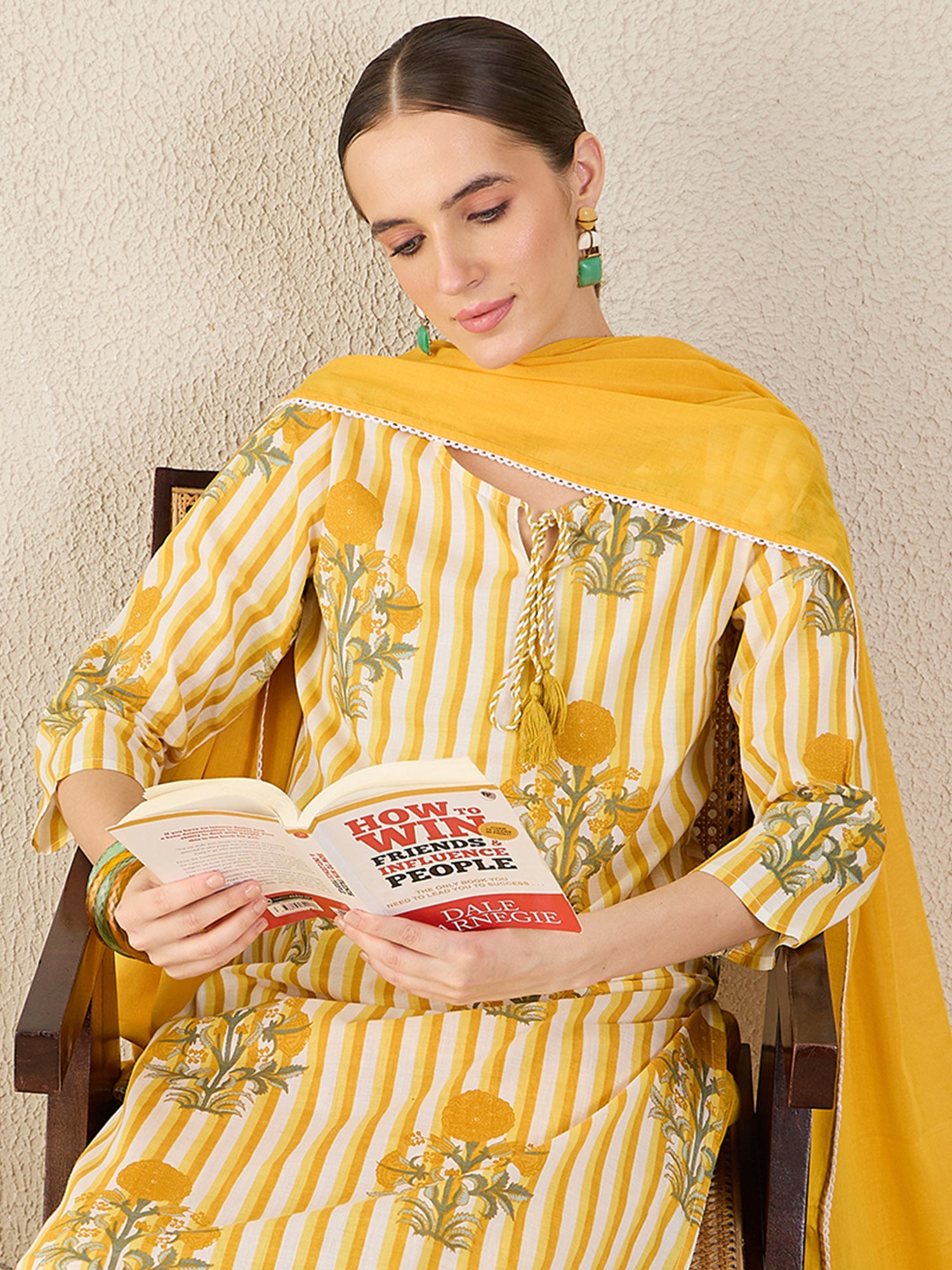 Yellow Printed Pure Cotton Straight Round Neck Kurta Sets With Dupatta