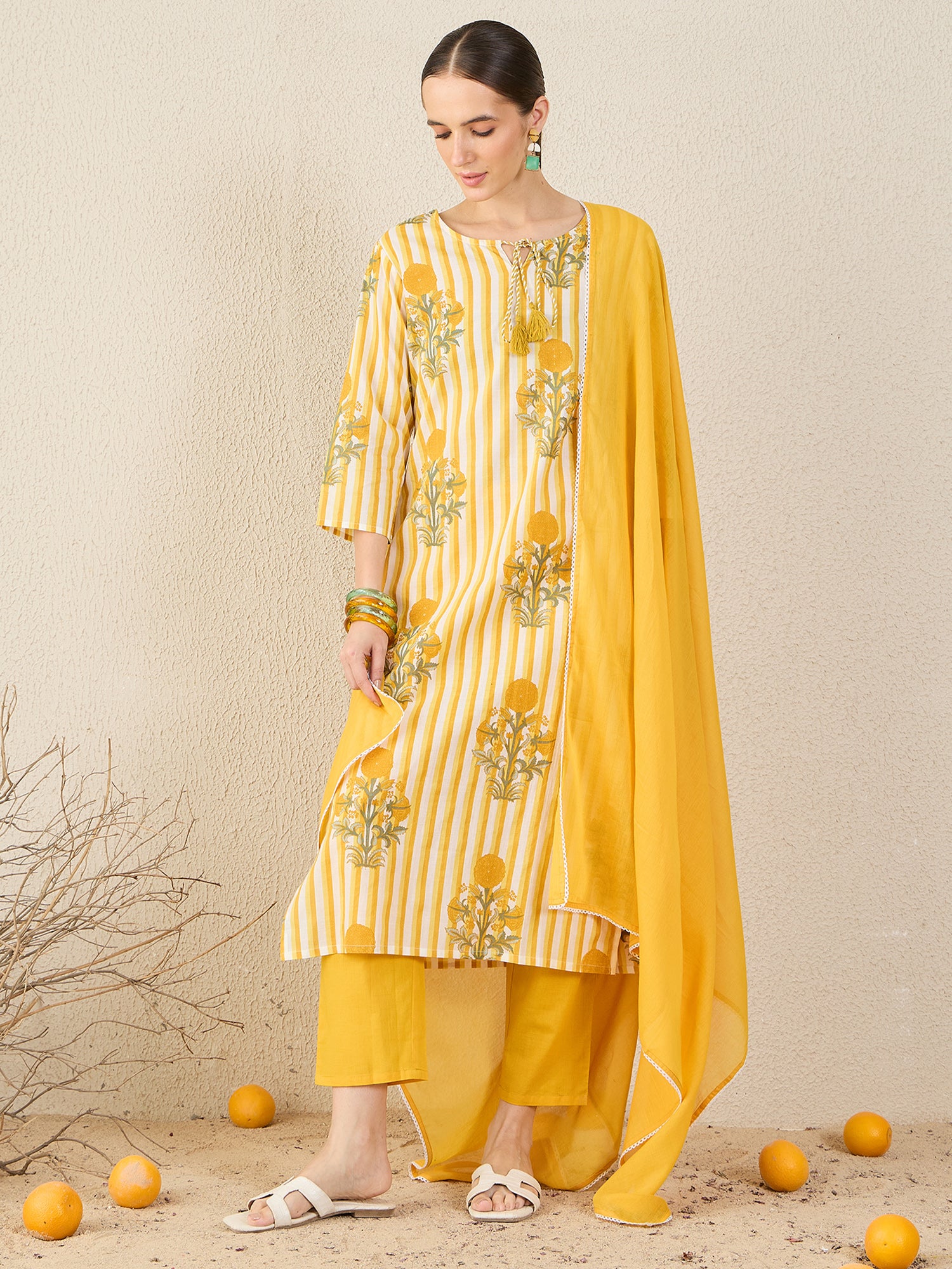 Yellow Printed Pure Cotton Straight Round Neck Kurta Sets With Dupatta