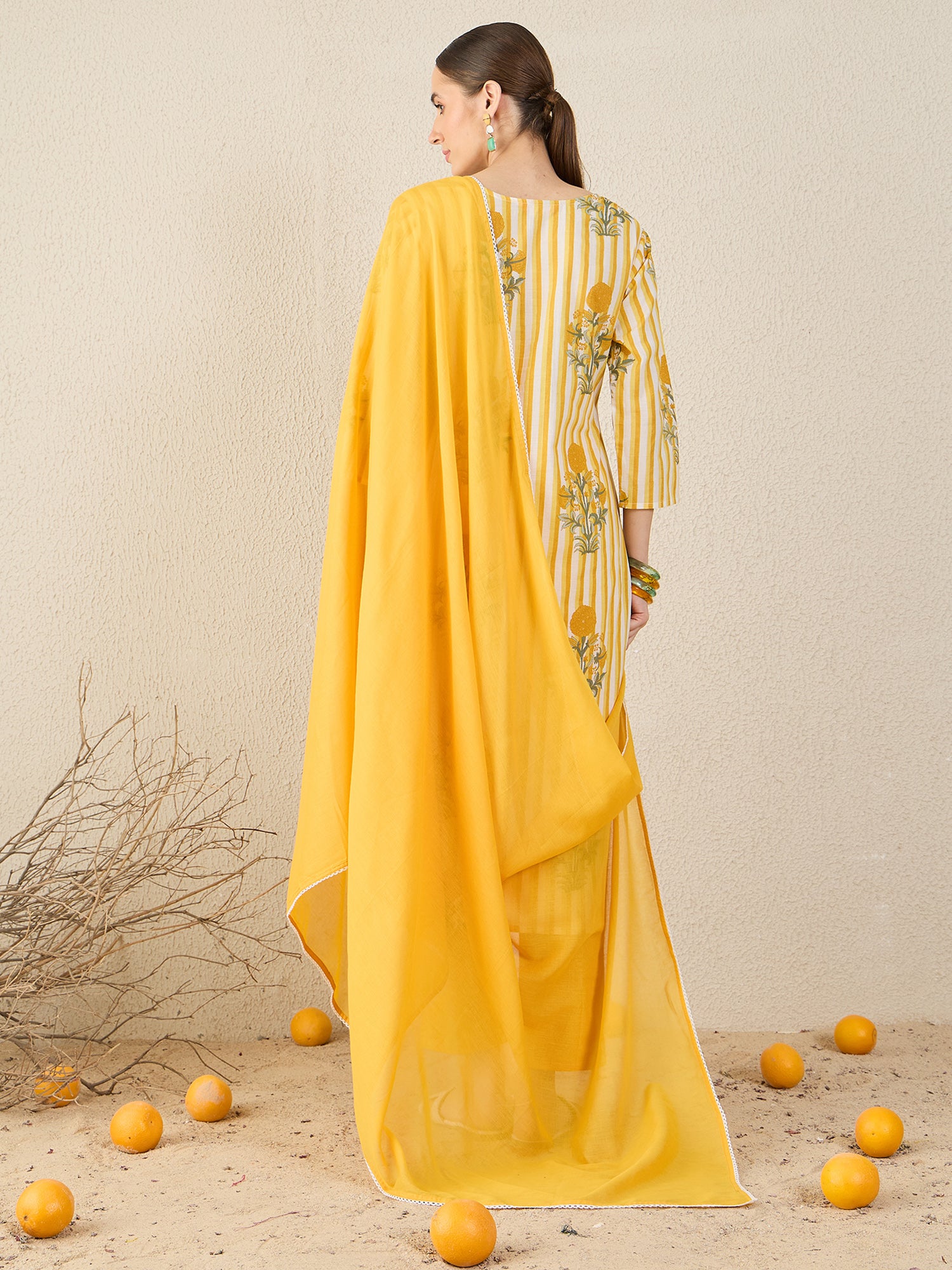 Yellow Printed Pure Cotton Straight Round Neck Kurta Sets With Dupatta