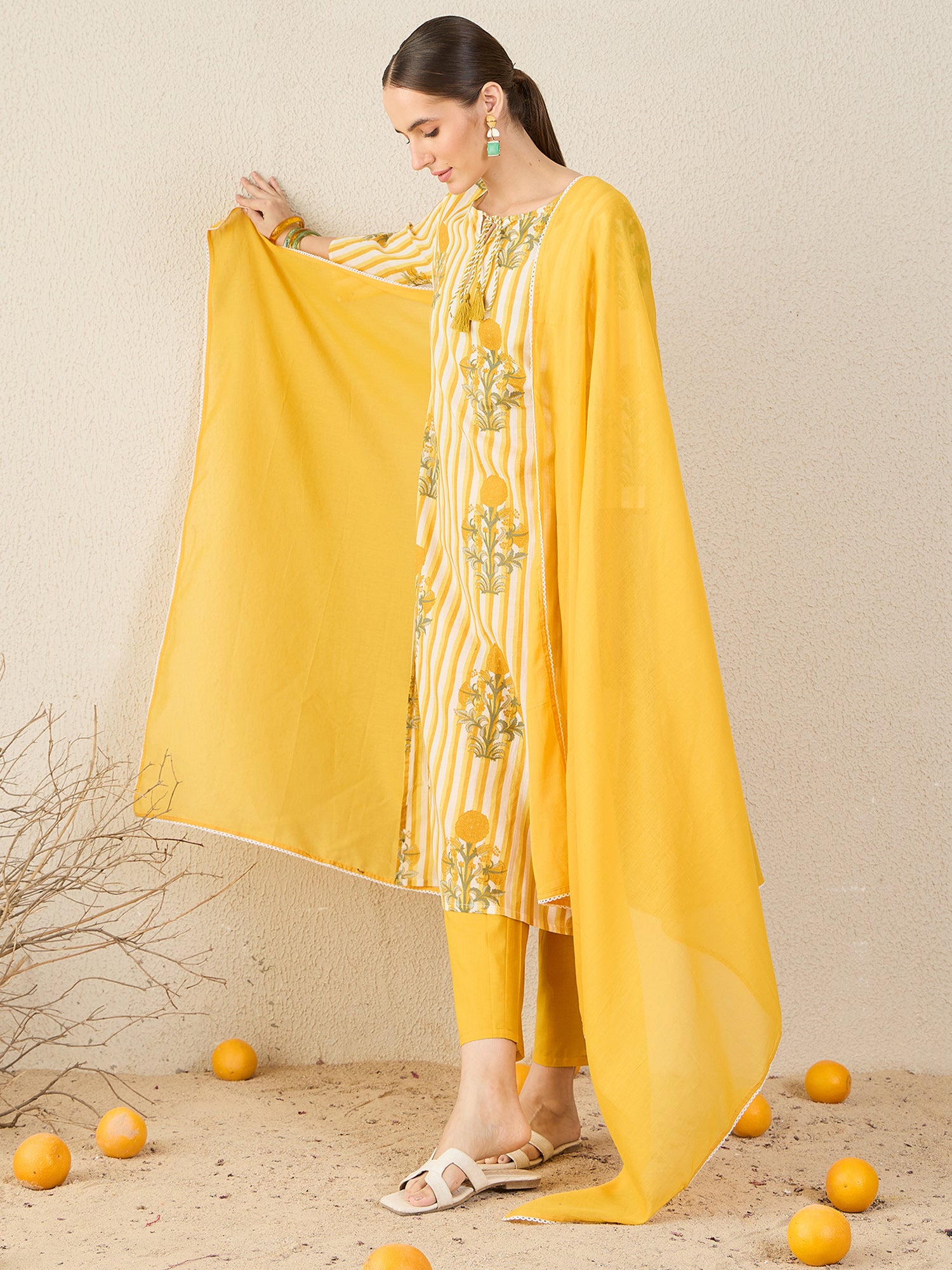 Yellow Printed Pure Cotton Straight Round Neck Kurta Sets With Dupatta