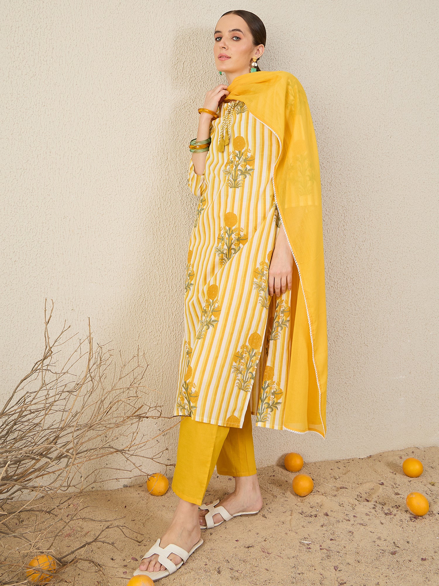 Yellow Printed Pure Cotton Straight Round Neck Kurta Sets With Dupatta