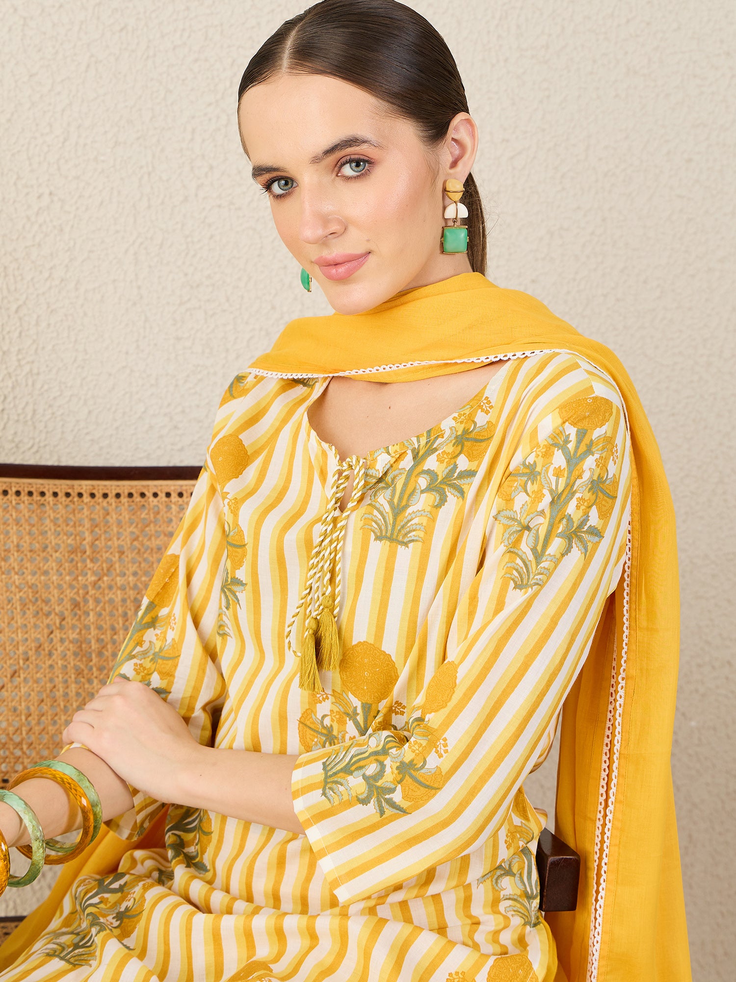 Yellow Printed Pure Cotton Straight Round Neck Kurta Sets With Dupatta