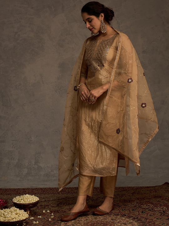 Beige Embroidered Liva Straight Suit Sets With Dupatta