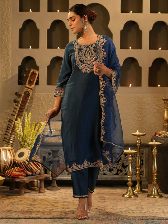 Teal Embroidered Liva Straight Kurta Sets With Dupatta