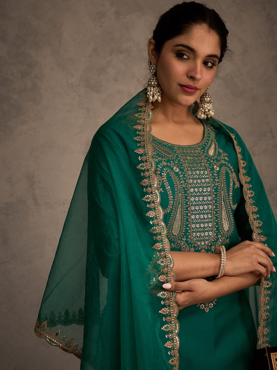 Green Embroidered Liva Straight Suit Sets With Dupatta