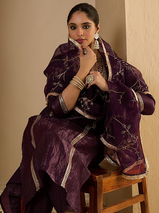 Burgundy Embroidered Silk Blend Straight Suit Sets With Dupatta