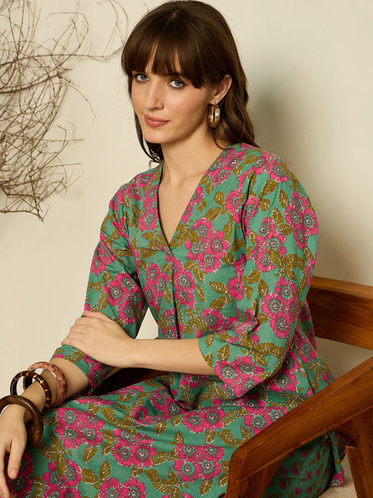 Green Printed Pure Cotton Straight Kurta Trouser Set